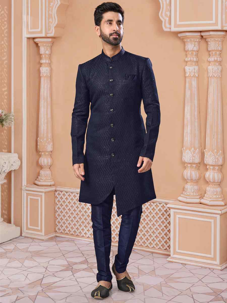 Navy Blue Jacquard Embroidered Groom Wedding Sherwani