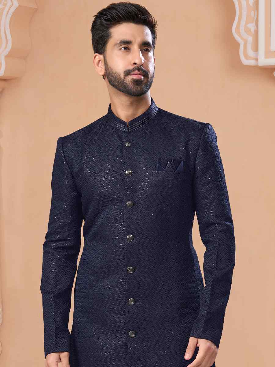Navy Blue Jacquard Embroidered Groom Wedding Sherwani