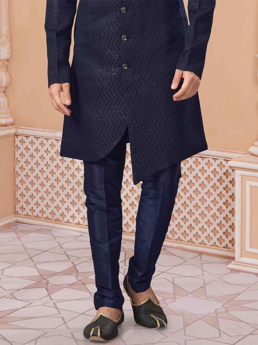 Navy Blue Jacquard Embroidered Groom Wedding Sherwani