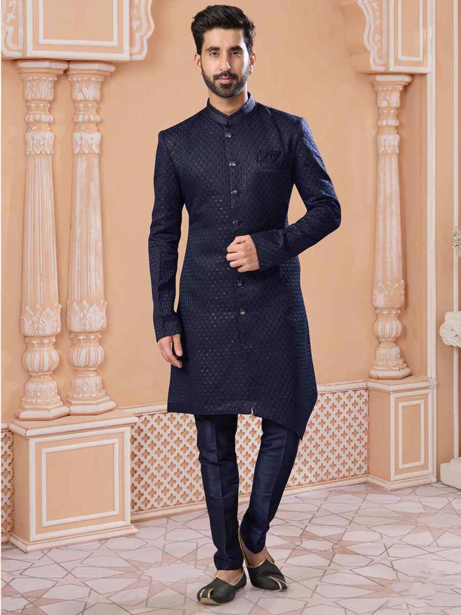 Navy Blue Jacquard Embroidered Groom Wedding Sherwani