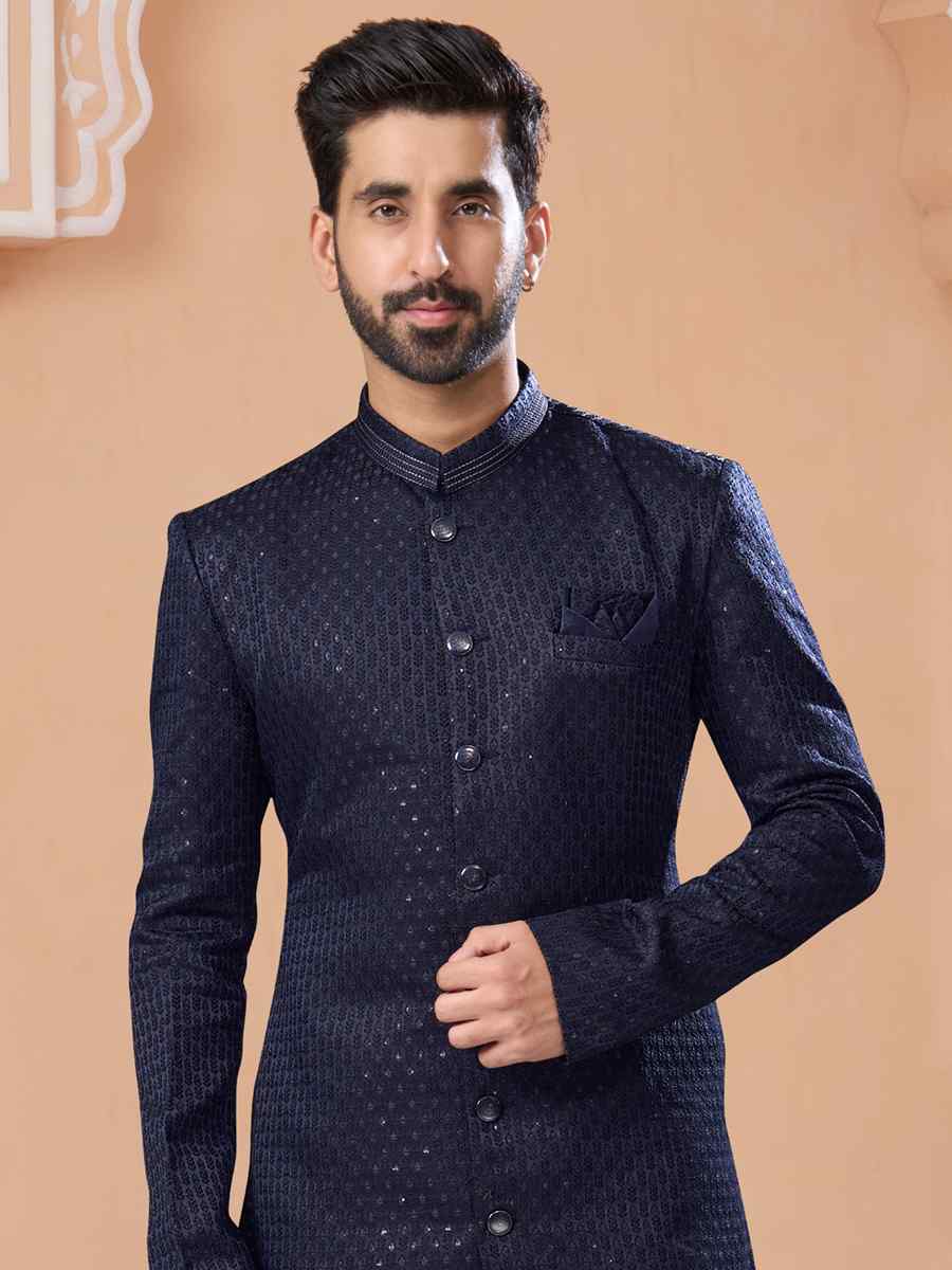 Navy Blue Jacquard Embroidered Groom Wedding Sherwani