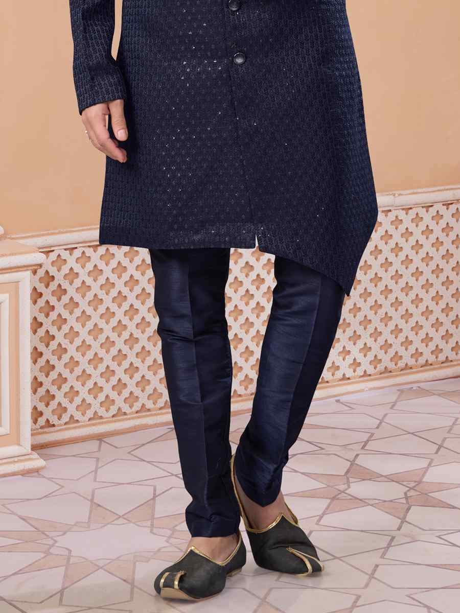 Navy Blue Jacquard Embroidered Groom Wedding Sherwani