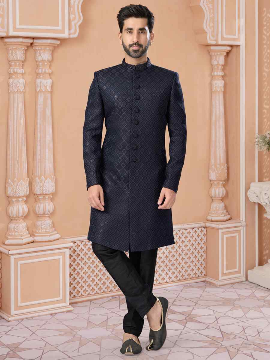 Navy Blue Jacquard Embroidered Groom Wedding Sherwani