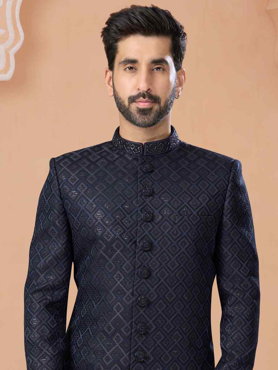 Navy Blue Jacquard Embroidered Groom Wedding Sherwani