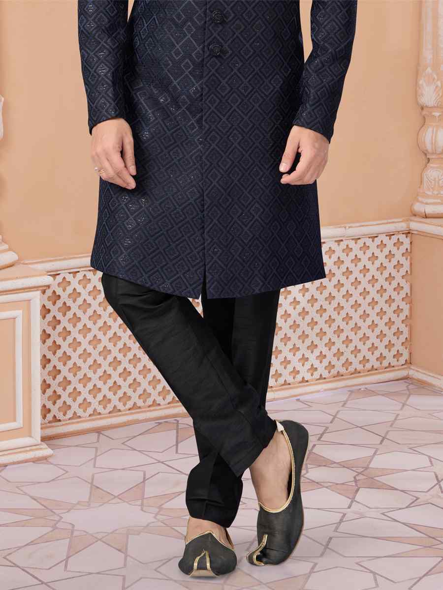 Navy Blue Jacquard Embroidered Groom Wedding Sherwani