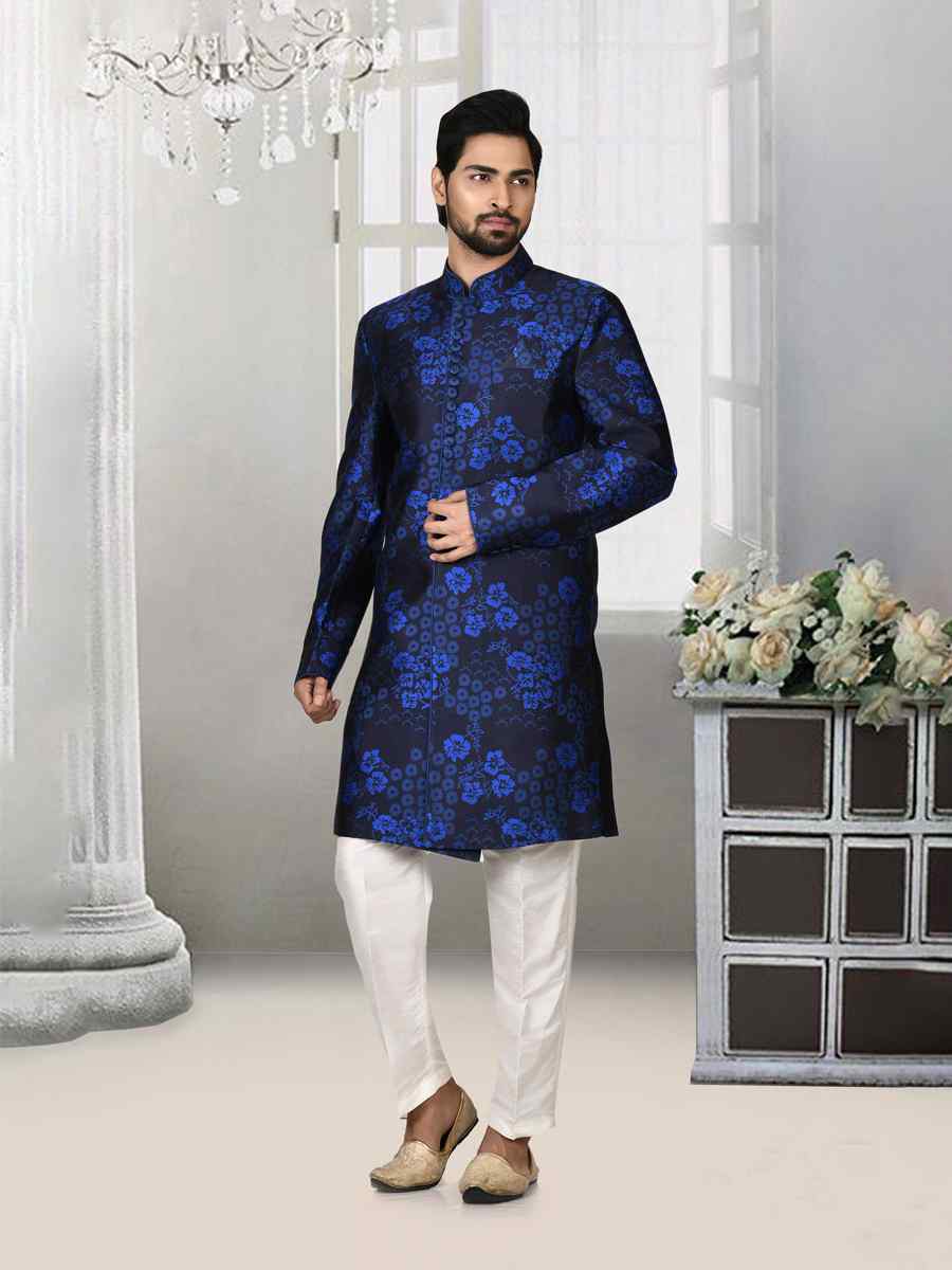 Navy Blue Jacquard Embroidered Groom Wedding Sherwani