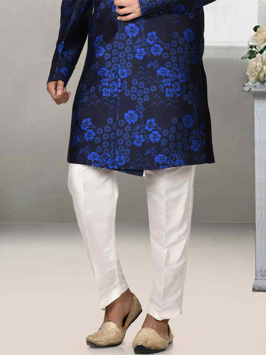 Navy Blue Jacquard Embroidered Groom Wedding Sherwani