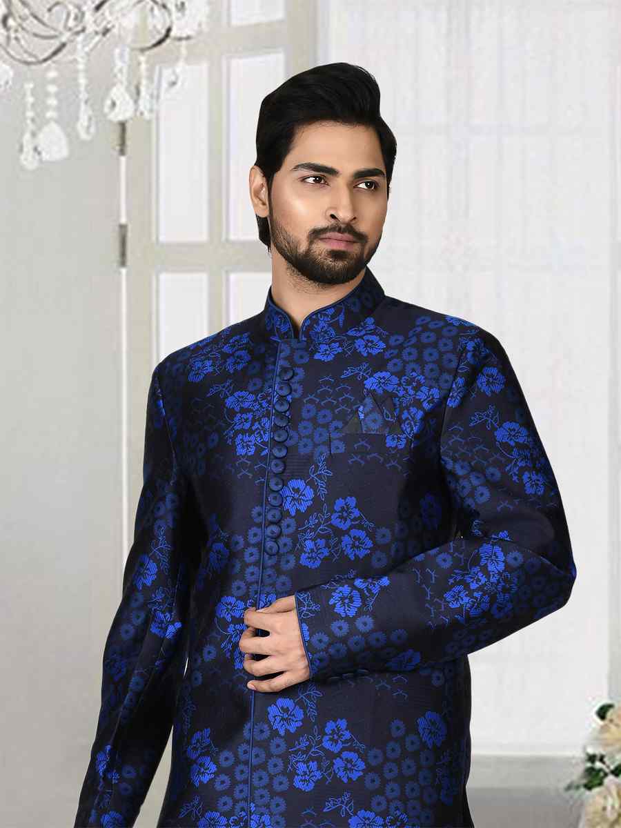 Navy Blue Jacquard Embroidered Groom Wedding Sherwani