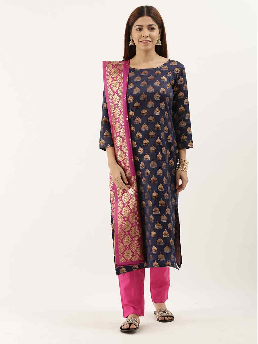 Navy Blue Jacquard Embroidered Party Casual Pant Salwar Kameez