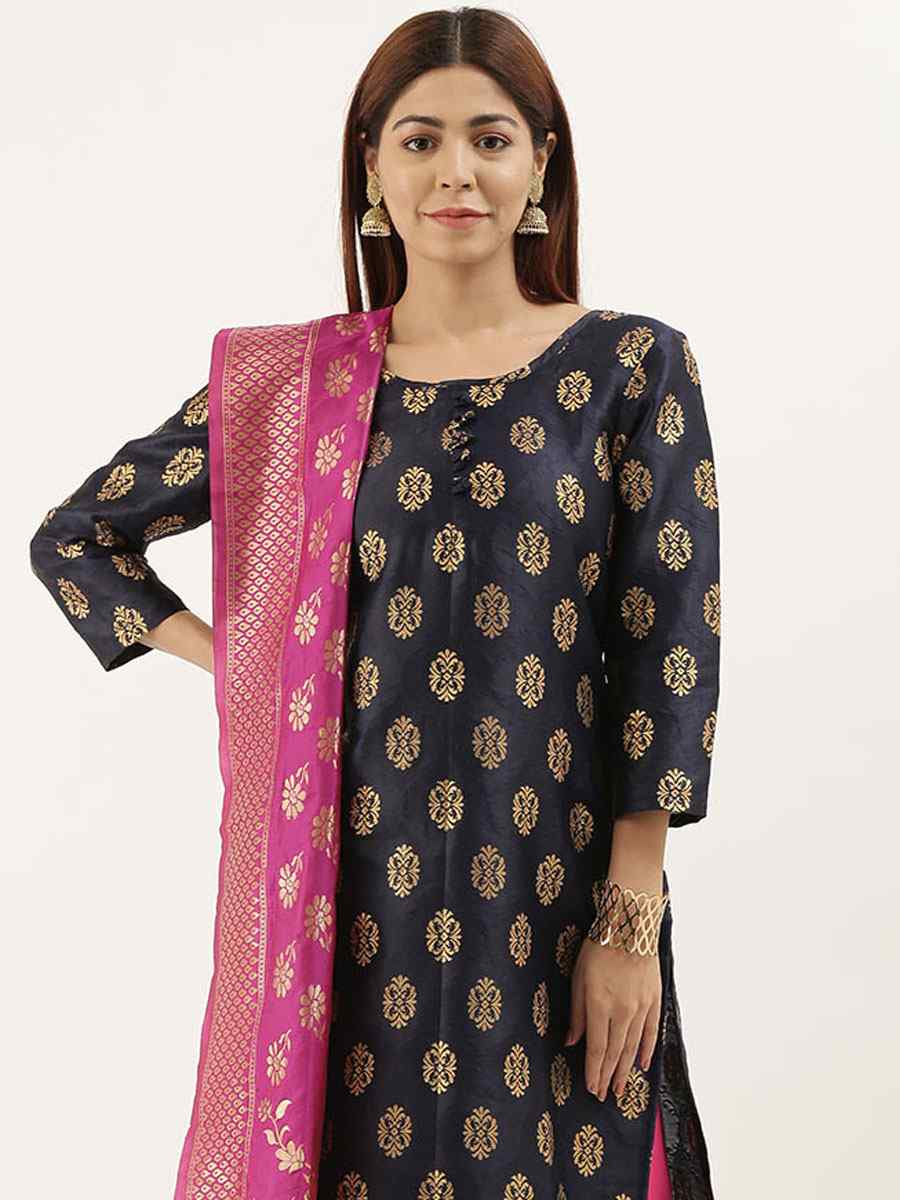 Navy Blue Jacquard Embroidered Party Casual Pant Salwar Kameez