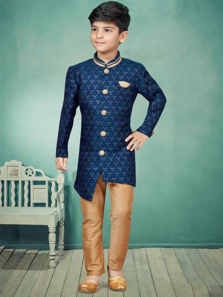 Navy Blue Jacquard Embroidered Party Festival Kurta Pyjama Boys Wear