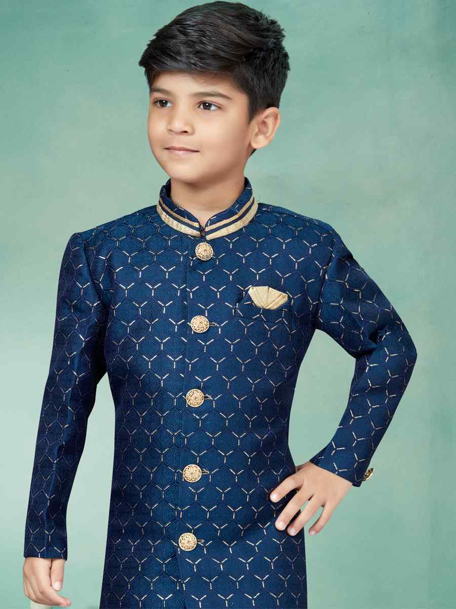Navy Blue Jacquard Embroidered Party Festival Kurta Pyjama Boys Wear