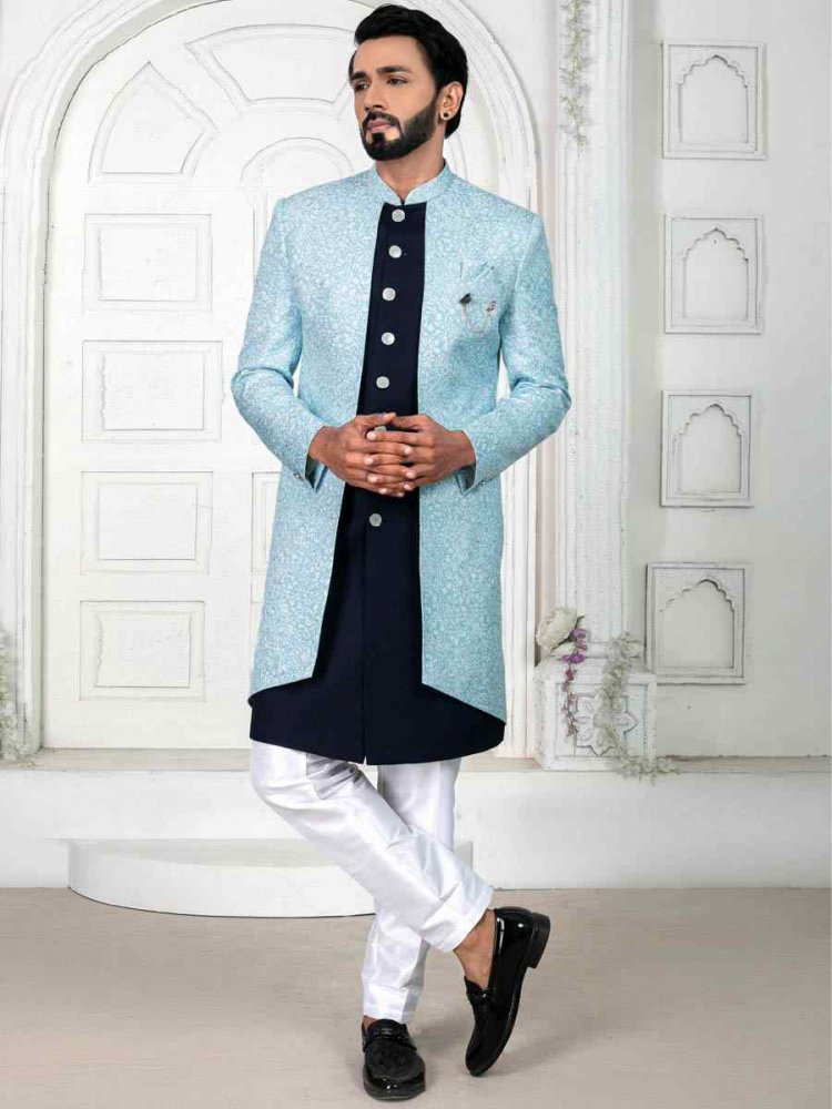 Navy Blue Jacquard Embroidered Wedding Groom Sherwani