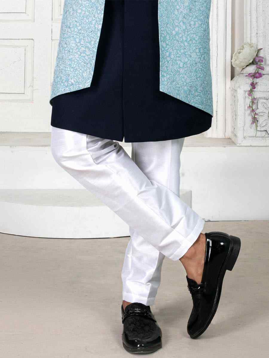 Navy Blue Jacquard Embroidered Wedding Groom Sherwani