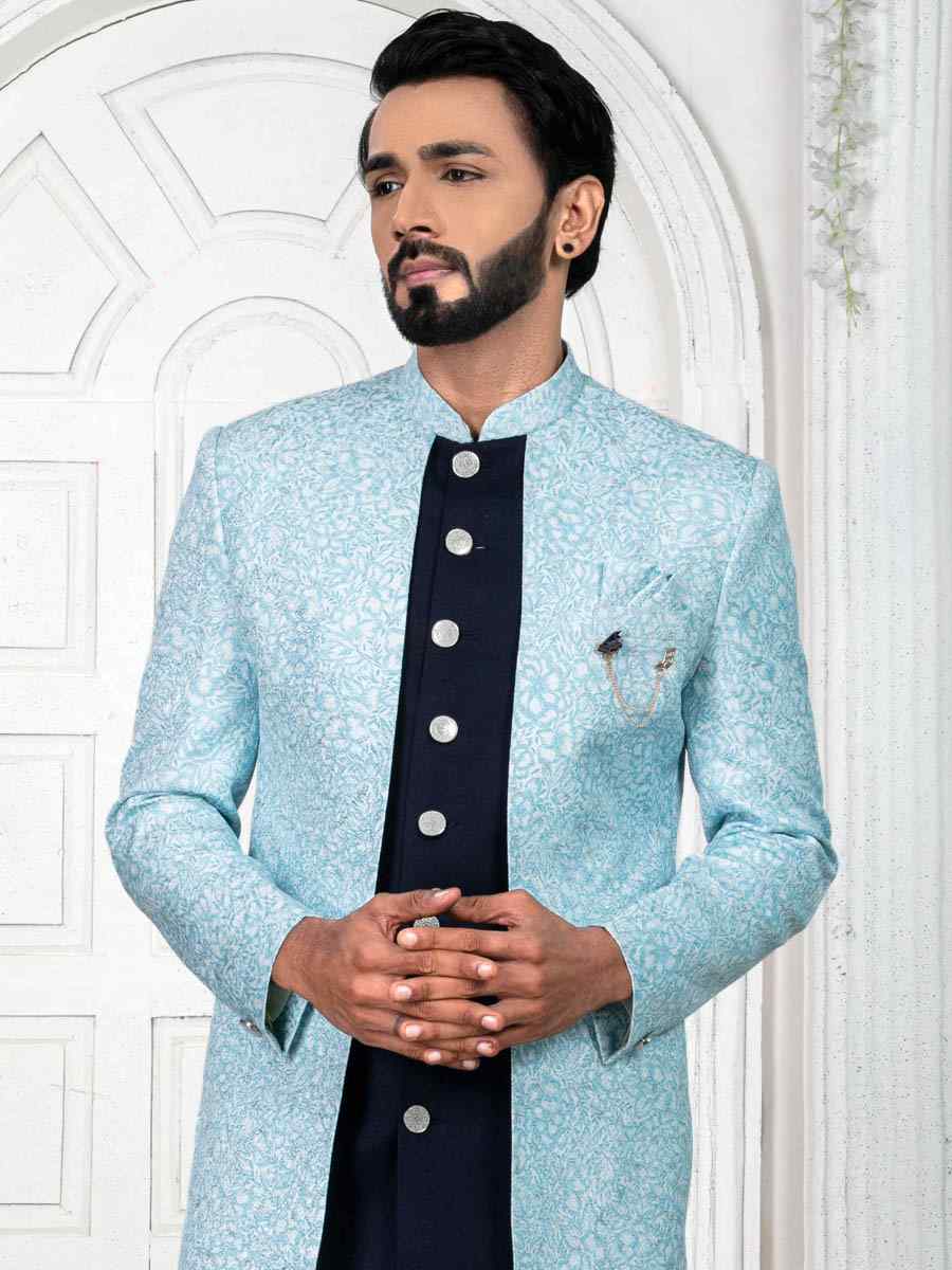 Navy Blue Jacquard Embroidered Wedding Groom Sherwani