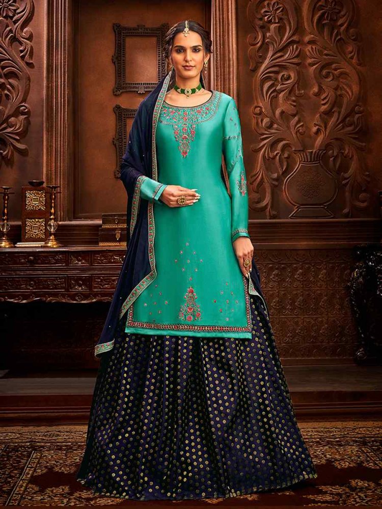 Navy Blue Jacquard Embroidered Wedding Mehendi Kurti Lehenga Choli