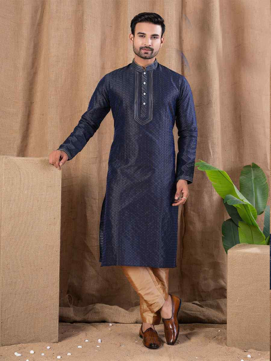 Navy Blue Jacquard Embroidery Festival Wedding Party Mens Kurta