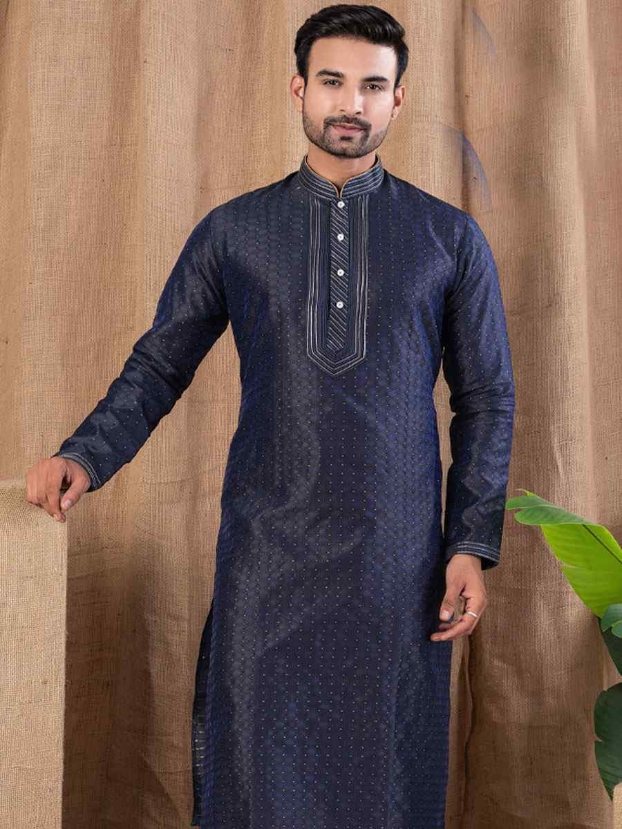 Navy Blue Jacquard Embroidery Festival Wedding Party Mens Kurta