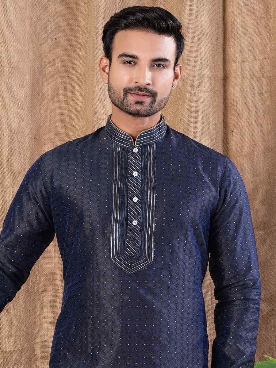 Navy Blue Jacquard Embroidery Festival Wedding Party Mens Kurta