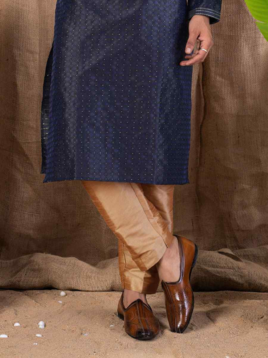 Navy Blue Jacquard Embroidery Festival Wedding Party Mens Kurta