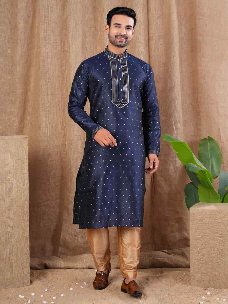 Navy Blue Jacquard Embroidery Festival Wedding Party Mens Kurta