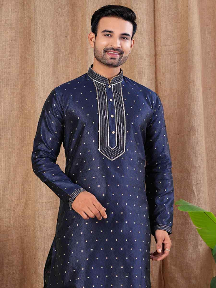 Navy Blue Jacquard Embroidery Festival Wedding Party Mens Kurta