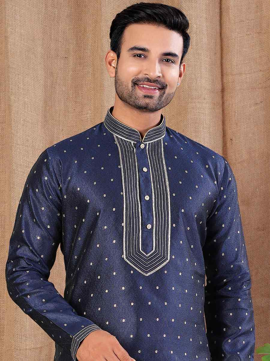 Navy Blue Jacquard Embroidery Festival Wedding Party Mens Kurta