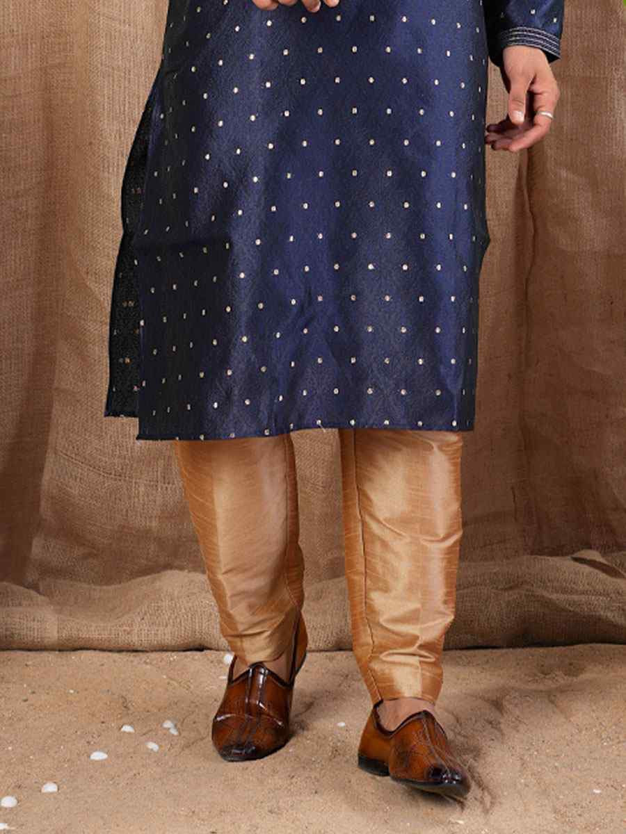 Navy Blue Jacquard Embroidery Festival Wedding Party Mens Kurta