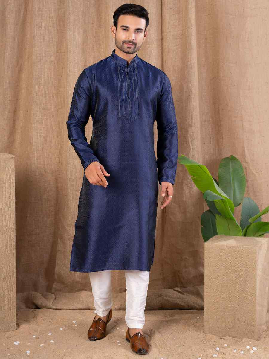 Navy Blue Jacquard Embroidery Festival Wedding Party Mens Kurta