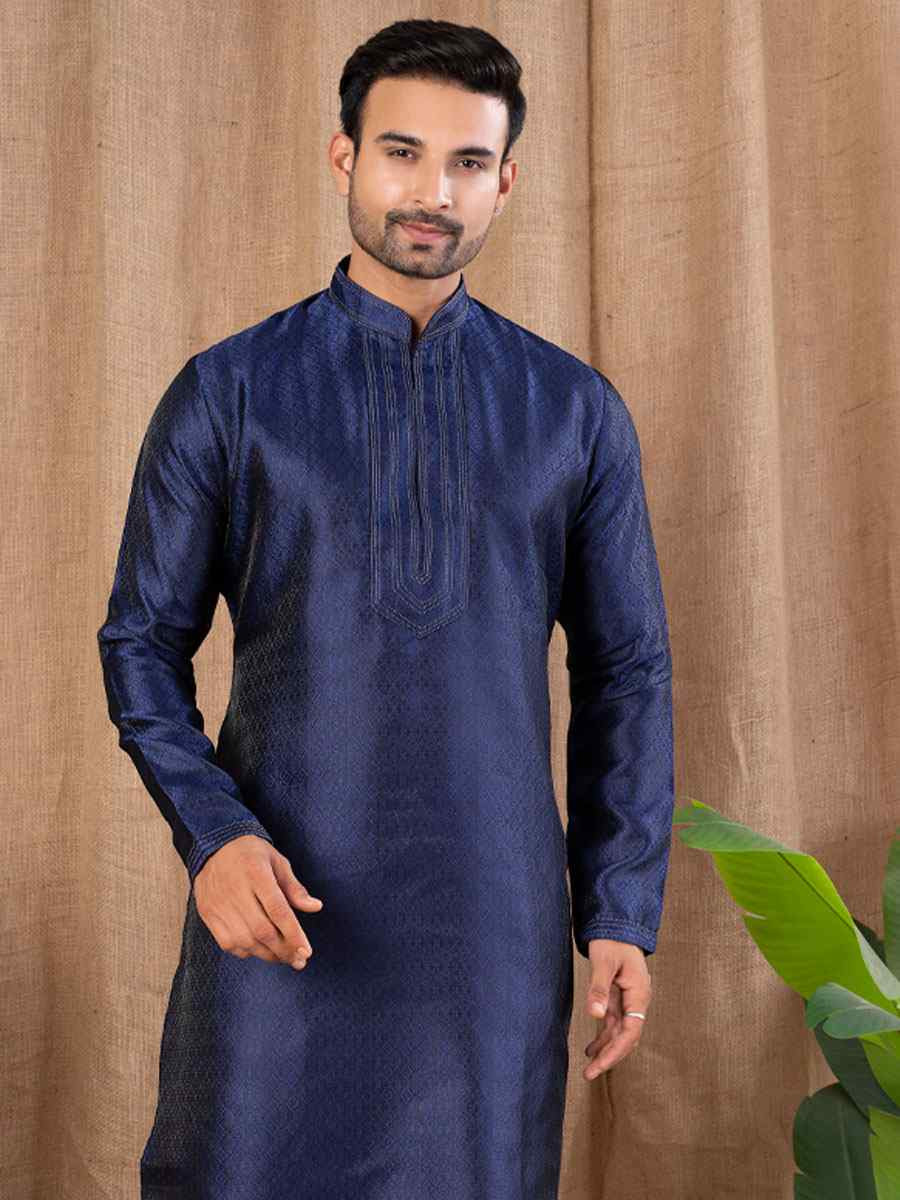 Navy Blue Jacquard Embroidery Festival Wedding Party Mens Kurta