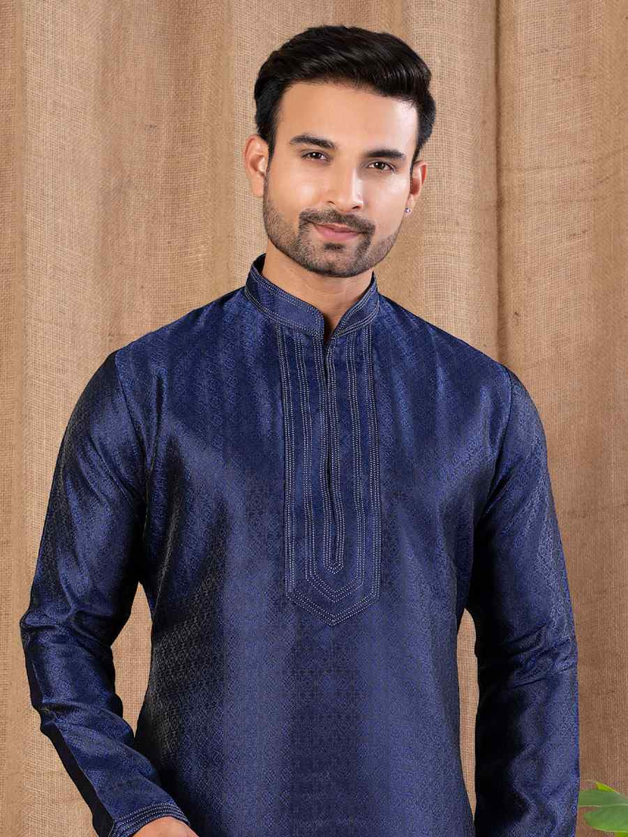 Navy Blue Jacquard Embroidery Festival Wedding Party Mens Kurta