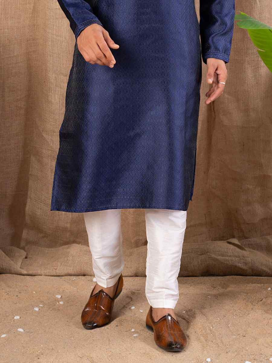 Navy Blue Jacquard Embroidery Festival Wedding Party Mens Kurta