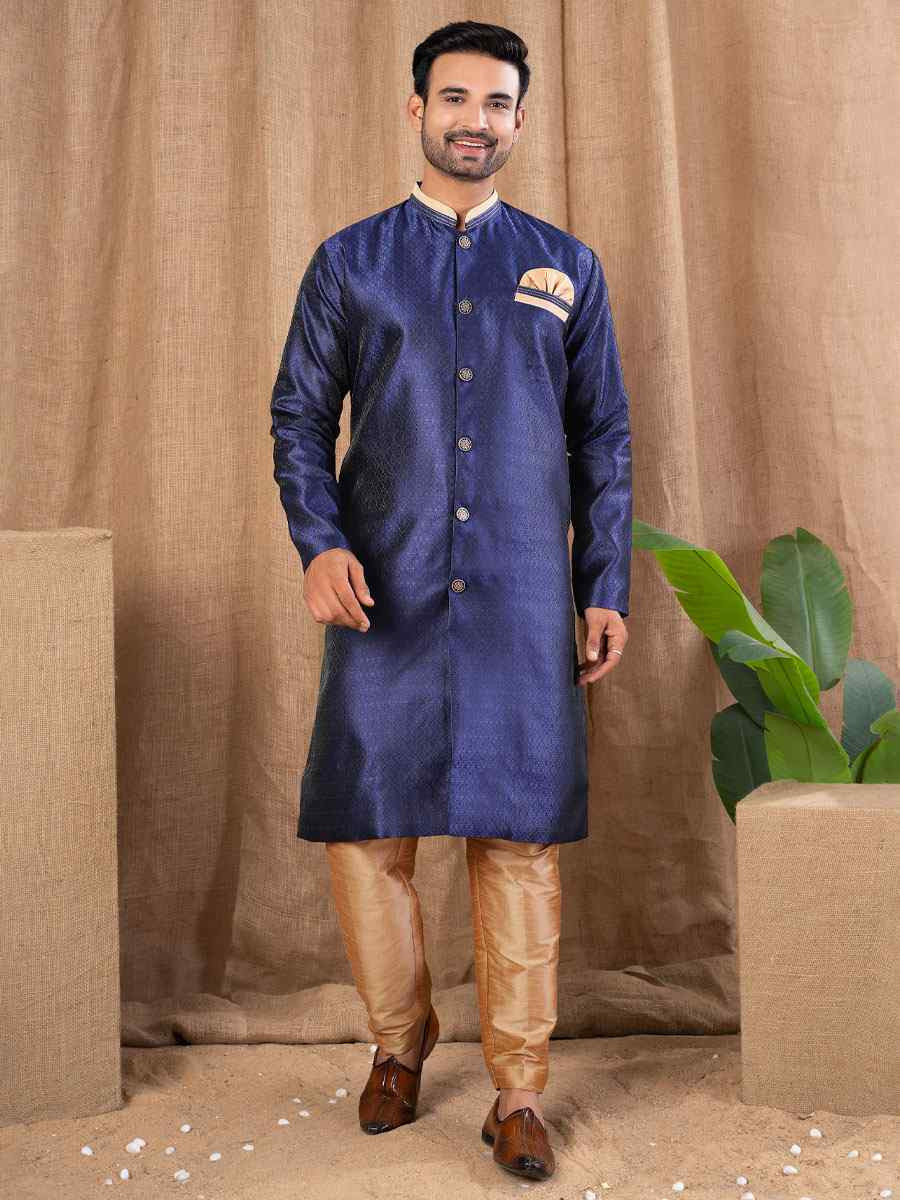 Navy Blue Jacquard Embroidery Festival Wedding Party Mens Kurta