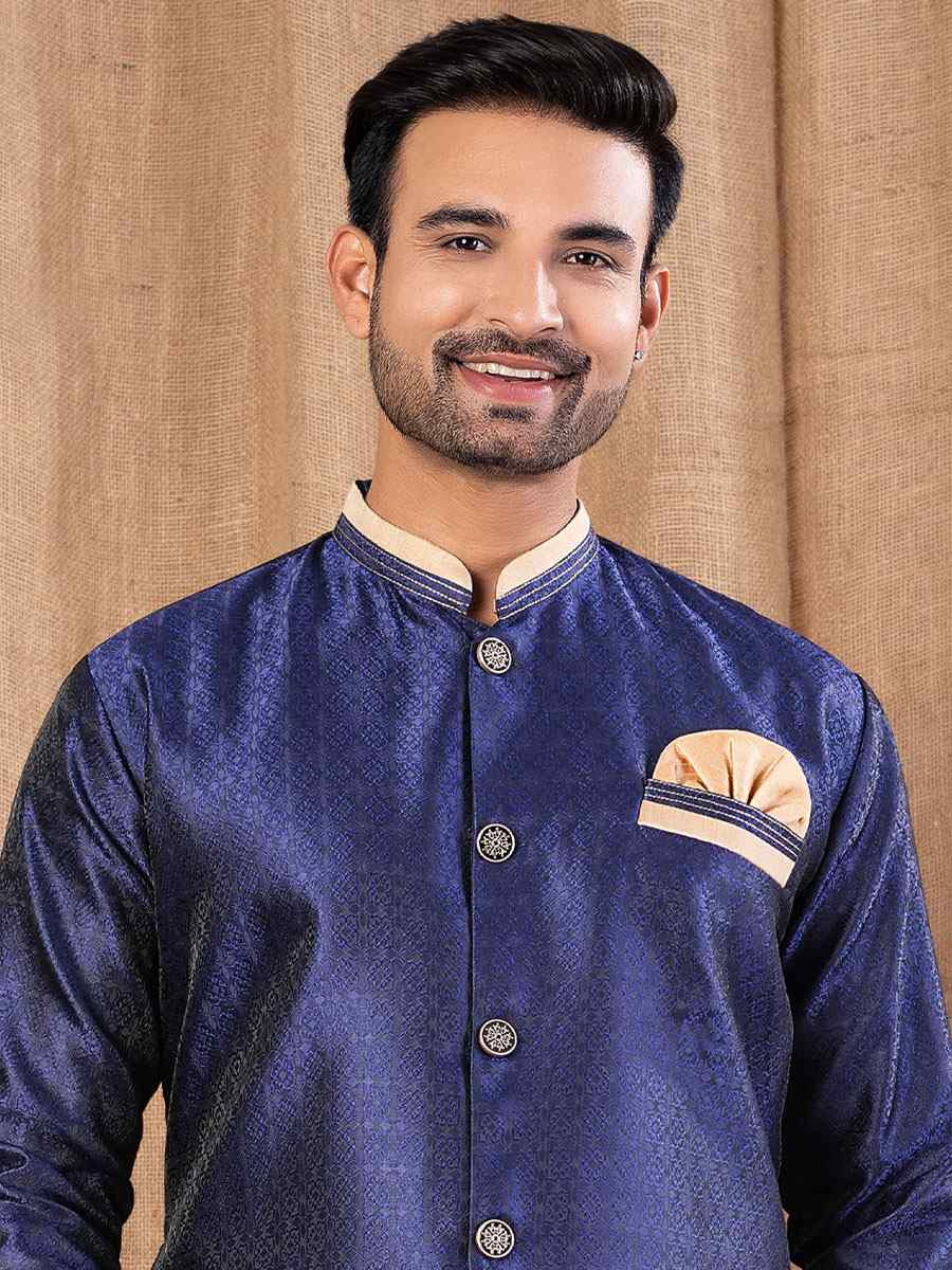 Navy Blue Jacquard Embroidery Festival Wedding Party Mens Kurta