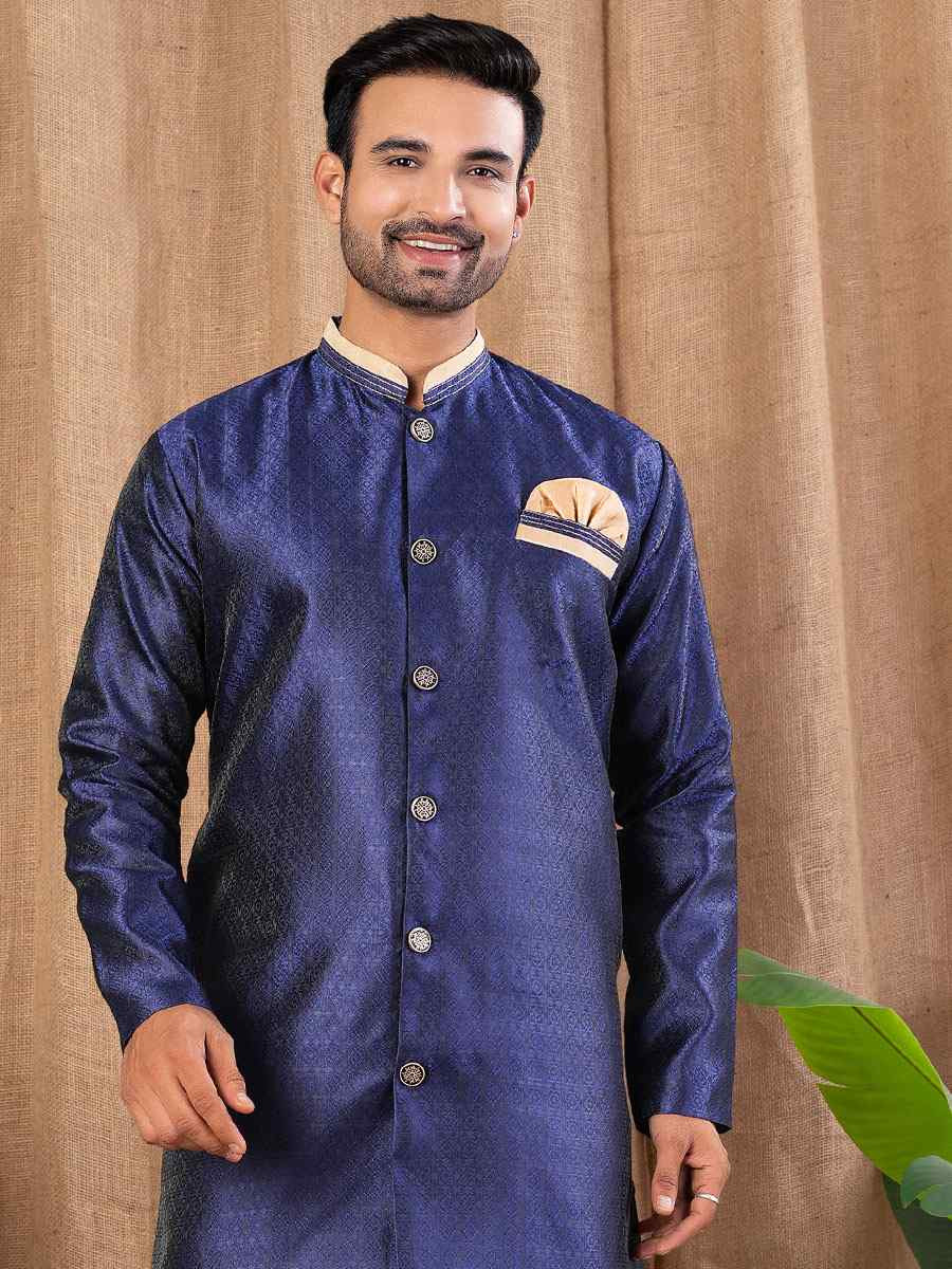 Navy Blue Jacquard Embroidery Festival Wedding Party Mens Kurta
