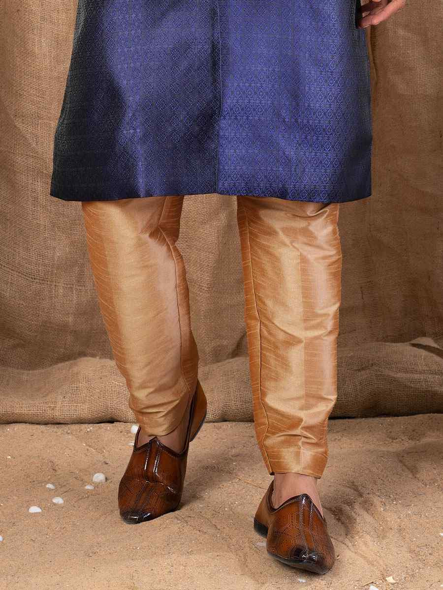 Navy Blue Jacquard Embroidery Festival Wedding Party Mens Kurta