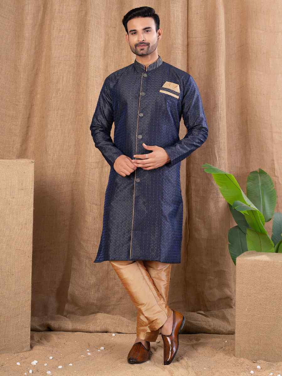 Navy Blue Jacquard Embroidery Festival Wedding Party Mens Kurta