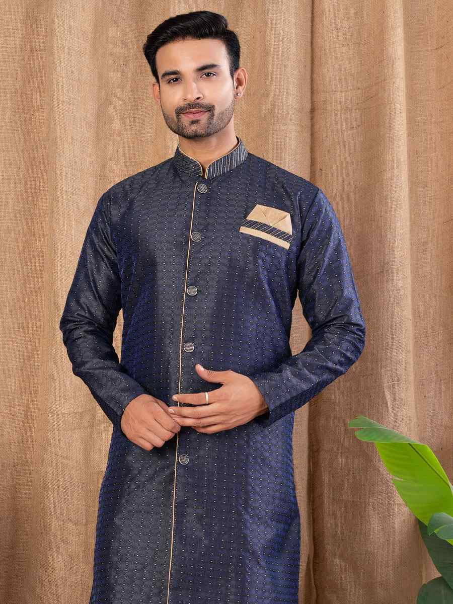 Navy Blue Jacquard Embroidery Festival Wedding Party Mens Kurta