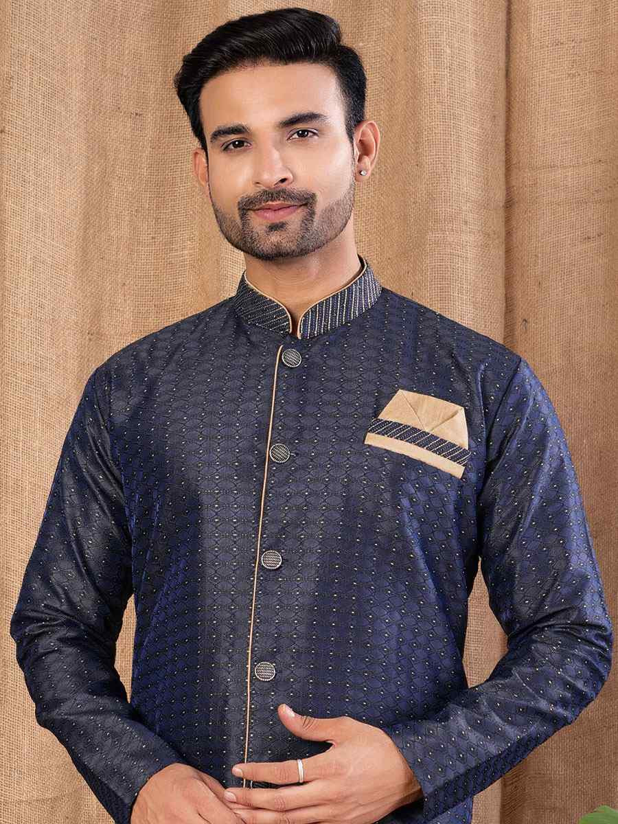 Navy Blue Jacquard Embroidery Festival Wedding Party Mens Kurta