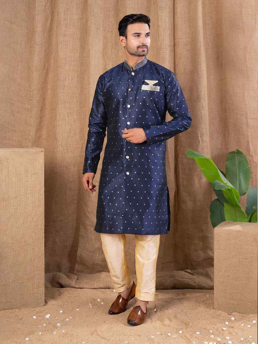 Navy Blue Jacquard Embroidery Festival Wedding Party Mens Kurta