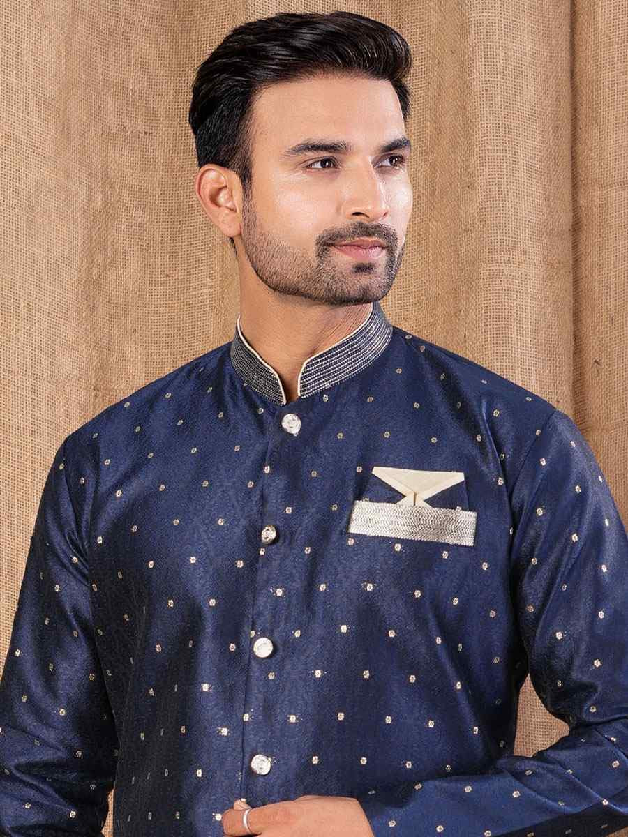 Navy Blue Jacquard Embroidery Festival Wedding Party Mens Kurta