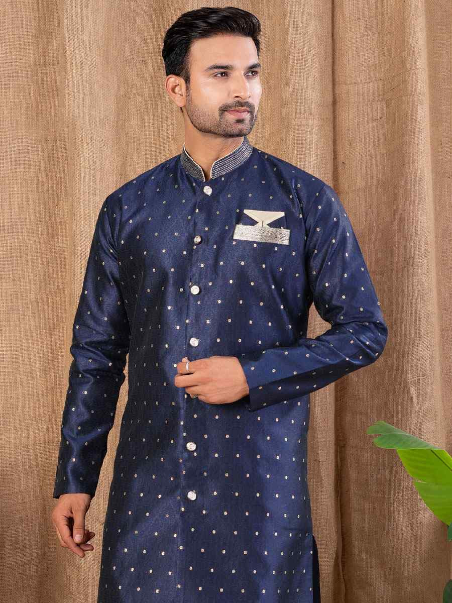 Navy Blue Jacquard Embroidery Festival Wedding Party Mens Kurta