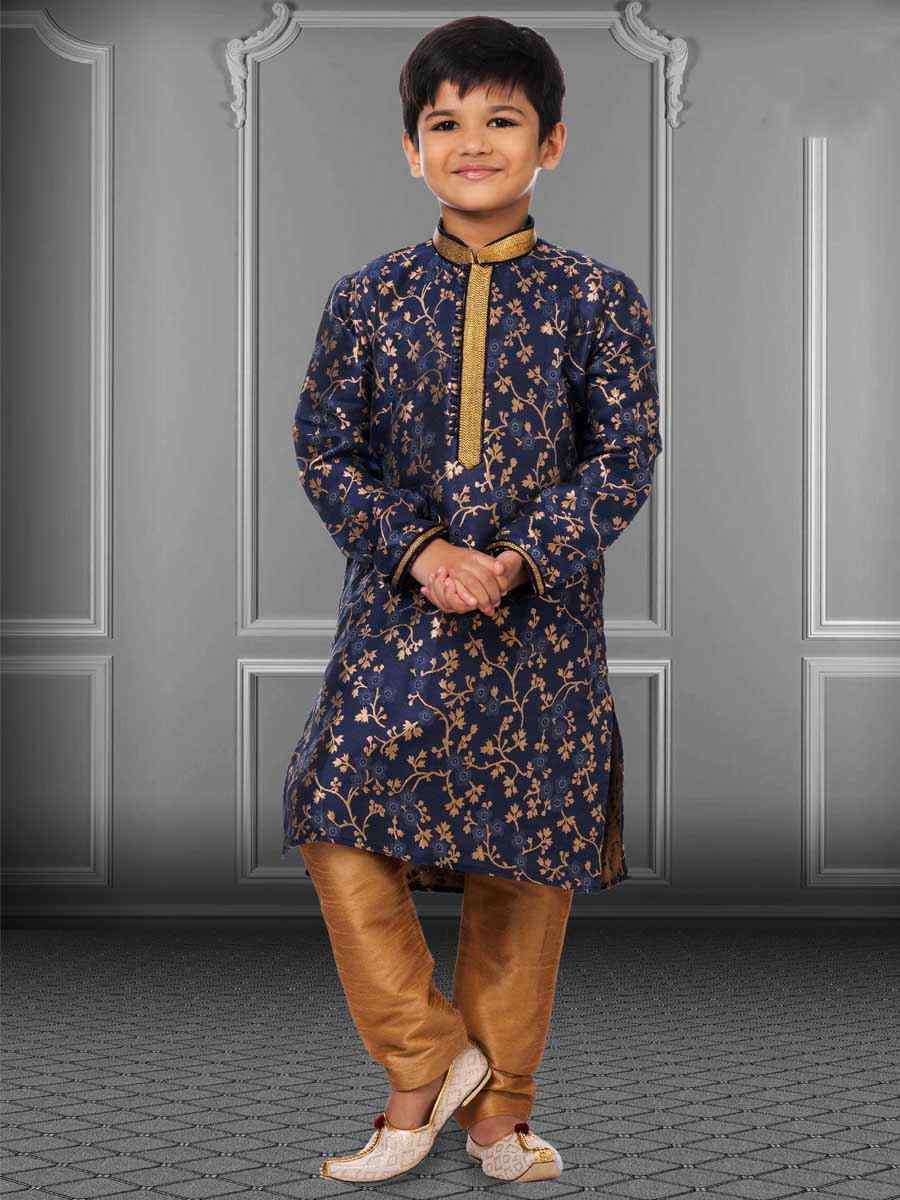 Navy Blue Jacquard Silk Embroidered Festival Kurta Pyjama Boys Wear