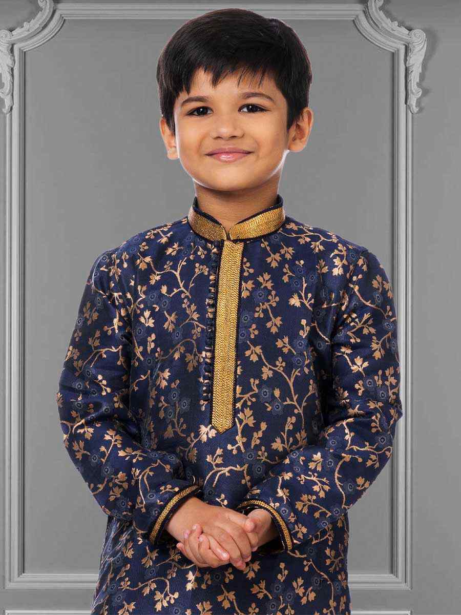 Navy Blue Jacquard Silk Embroidered Festival Kurta Pyjama Boys Wear