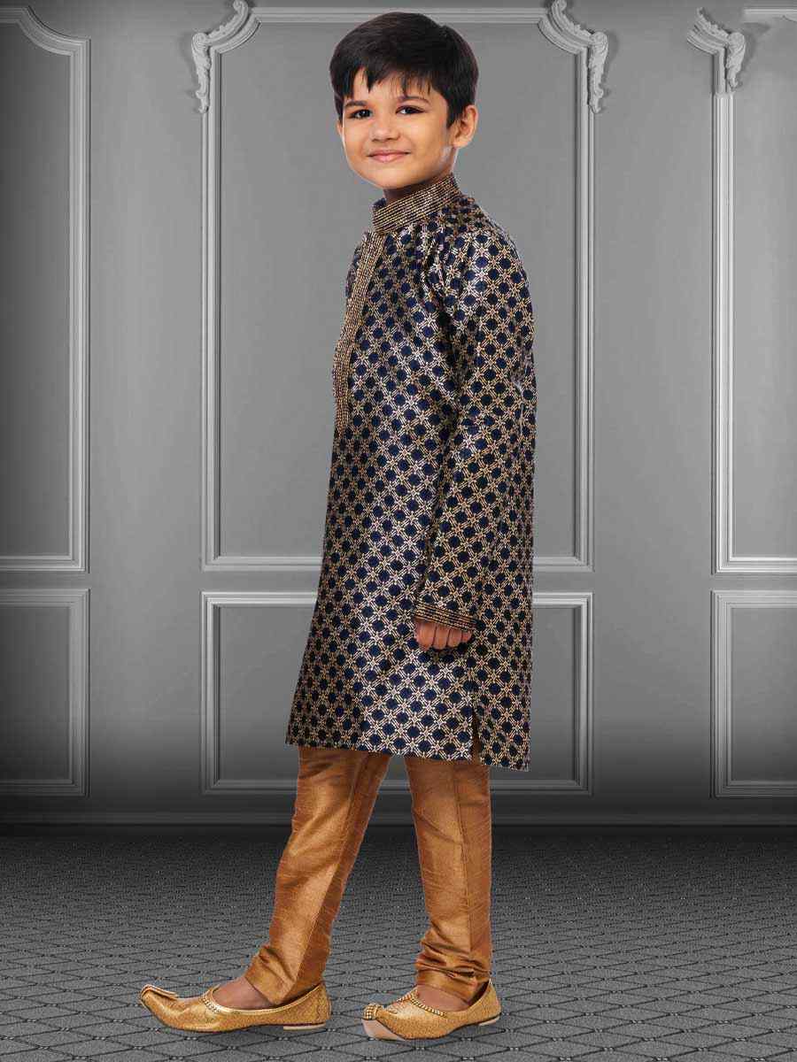 Navy Blue Jacquard Silk Embroidered Festival Kurta Pyjama Boys Wear