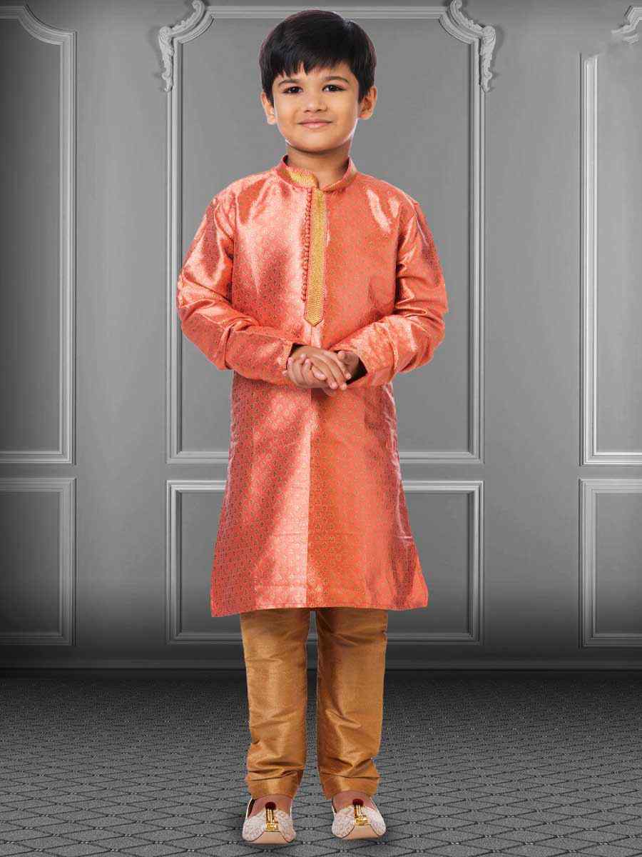 Navy Blue Jacquard Silk Embroidered Festival Kurta Pyjama Boys Wear