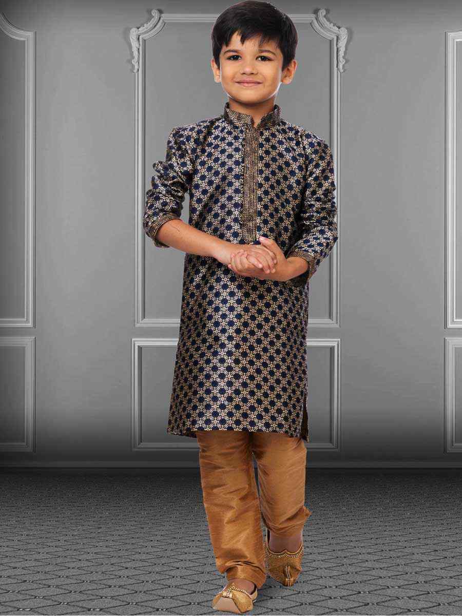 Navy Blue Jacquard Silk Embroidered Festival Kurta Pyjama Boys Wear