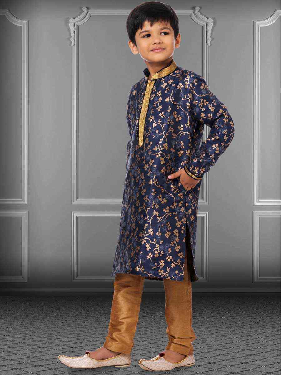 Navy Blue Jacquard Silk Embroidered Festival Kurta Pyjama Boys Wear