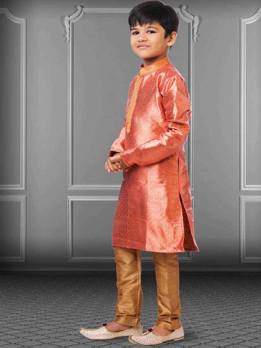 Navy Blue Jacquard Silk Embroidered Festival Kurta Pyjama Boys Wear