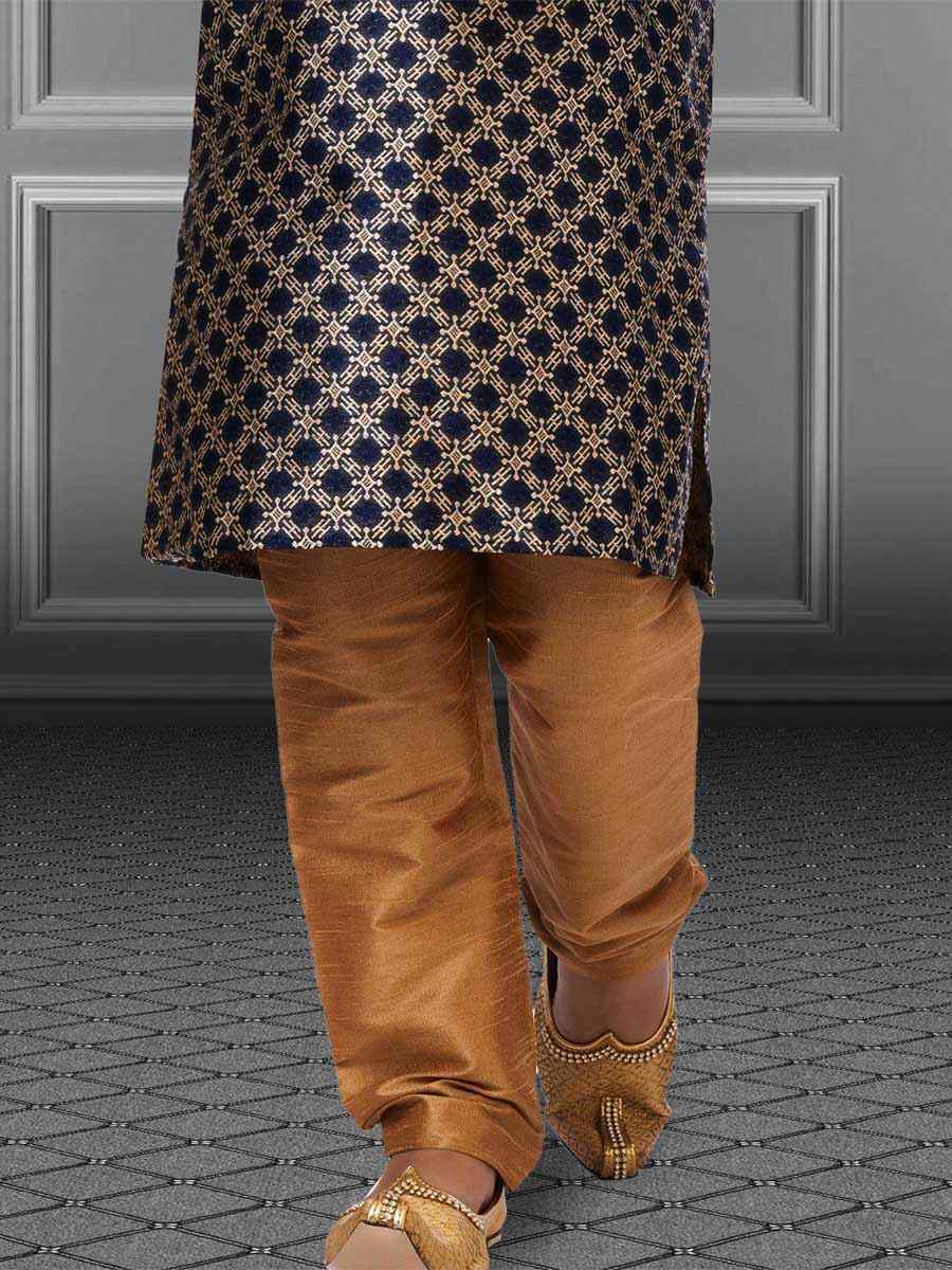 Navy Blue Jacquard Silk Embroidered Festival Kurta Pyjama Boys Wear